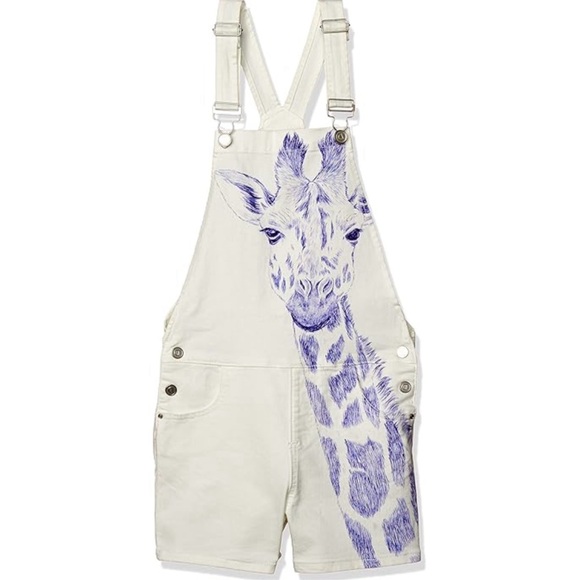 #35🎄 388. DESIGUAL white jeans overalls shorts drawn giraffe size 7 - 8 years - Picture 4 of 8